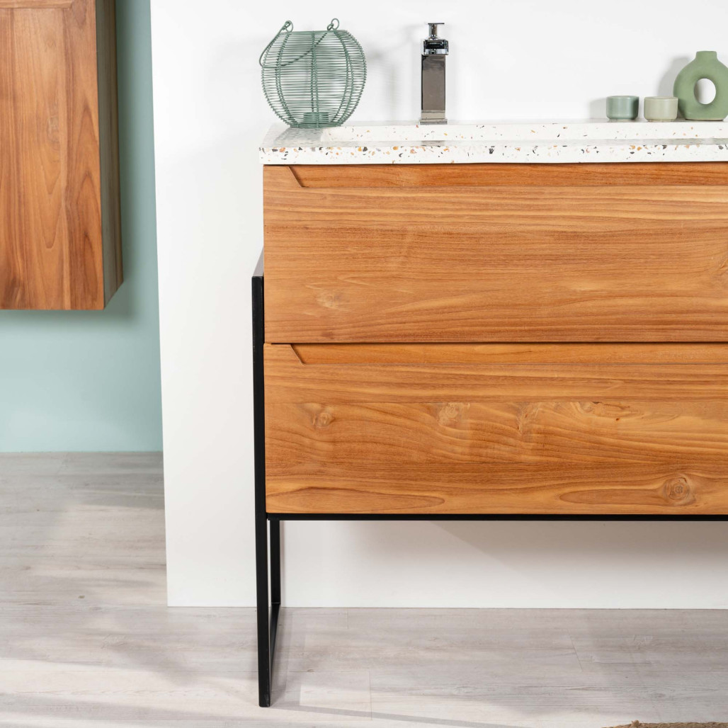 Meuble salle de bain en teck et Terrazzo crème Vila 120cm - Salle de bain - Wanda collection