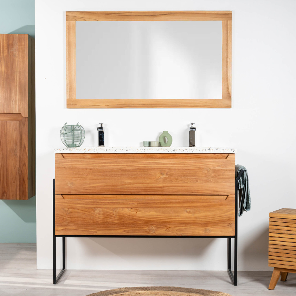 Meuble salle de bain en teck et Terrazzo crème Vila 120cm - Salle de bain - Wanda collection
