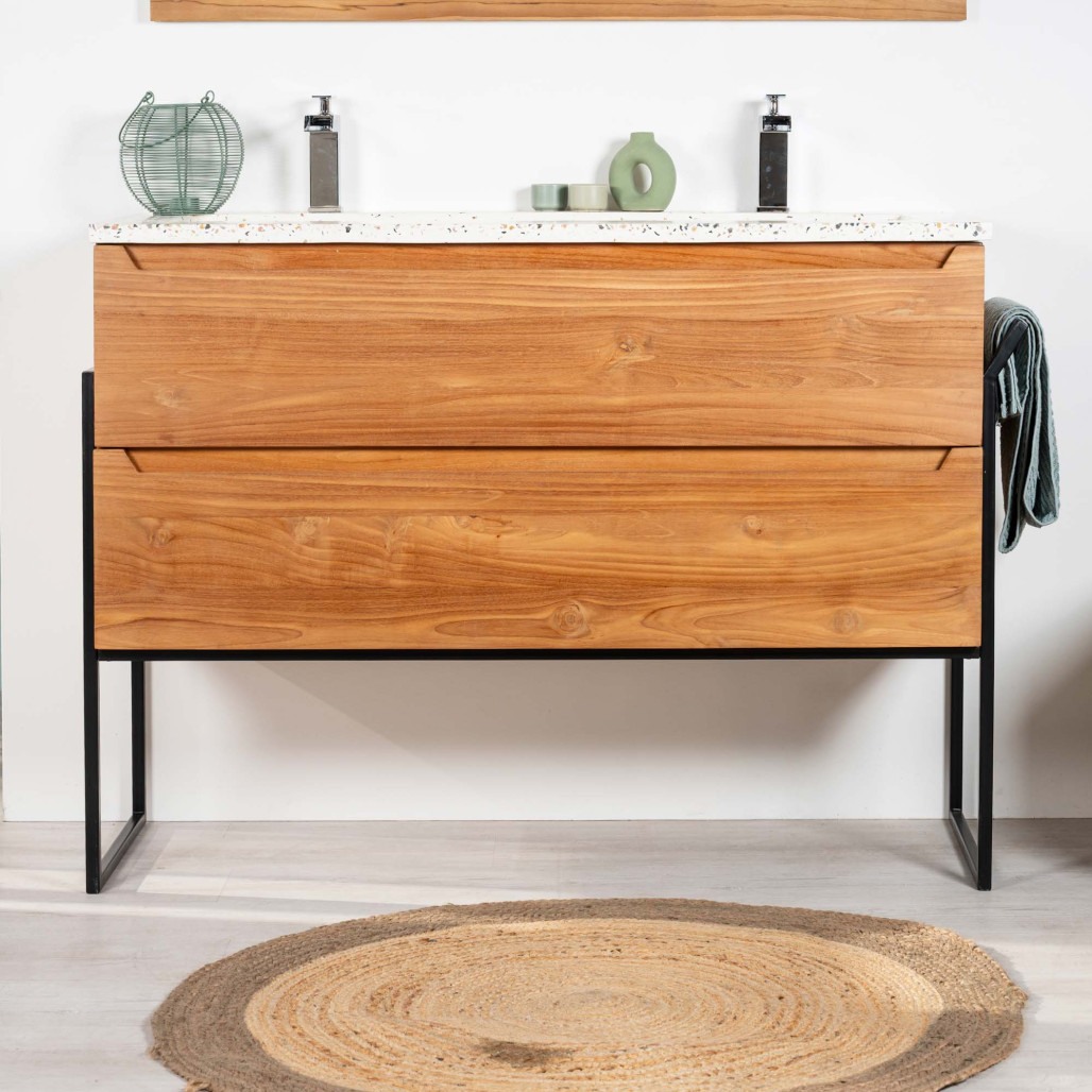 Meuble salle de bain en teck et Terrazzo crème Vila 120cm - Salle de bain - Wanda collection