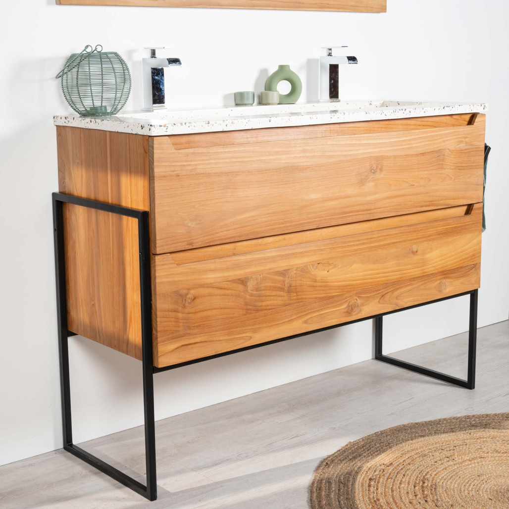 Meuble salle de bain en teck et Terrazzo crème Vila 120cm - Salle de bain - Wanda collection