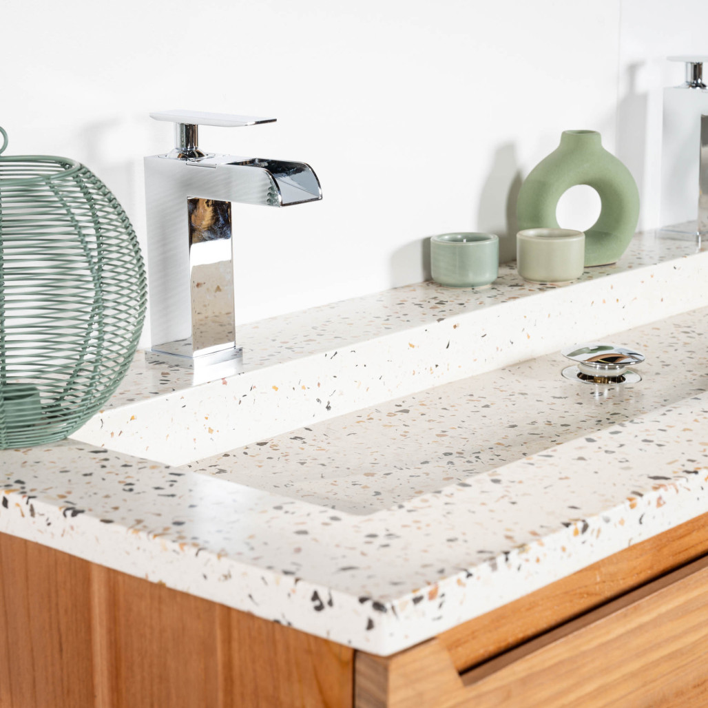 Meuble salle de bain en teck et Terrazzo crème Vila 120cm - Salle de bain - Wanda collection