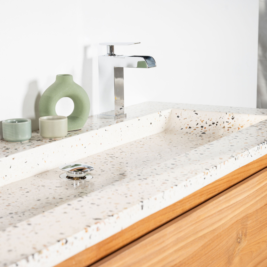 Meuble salle de bain en teck et Terrazzo crème Vila 120cm - Salle de bain - Wanda collection