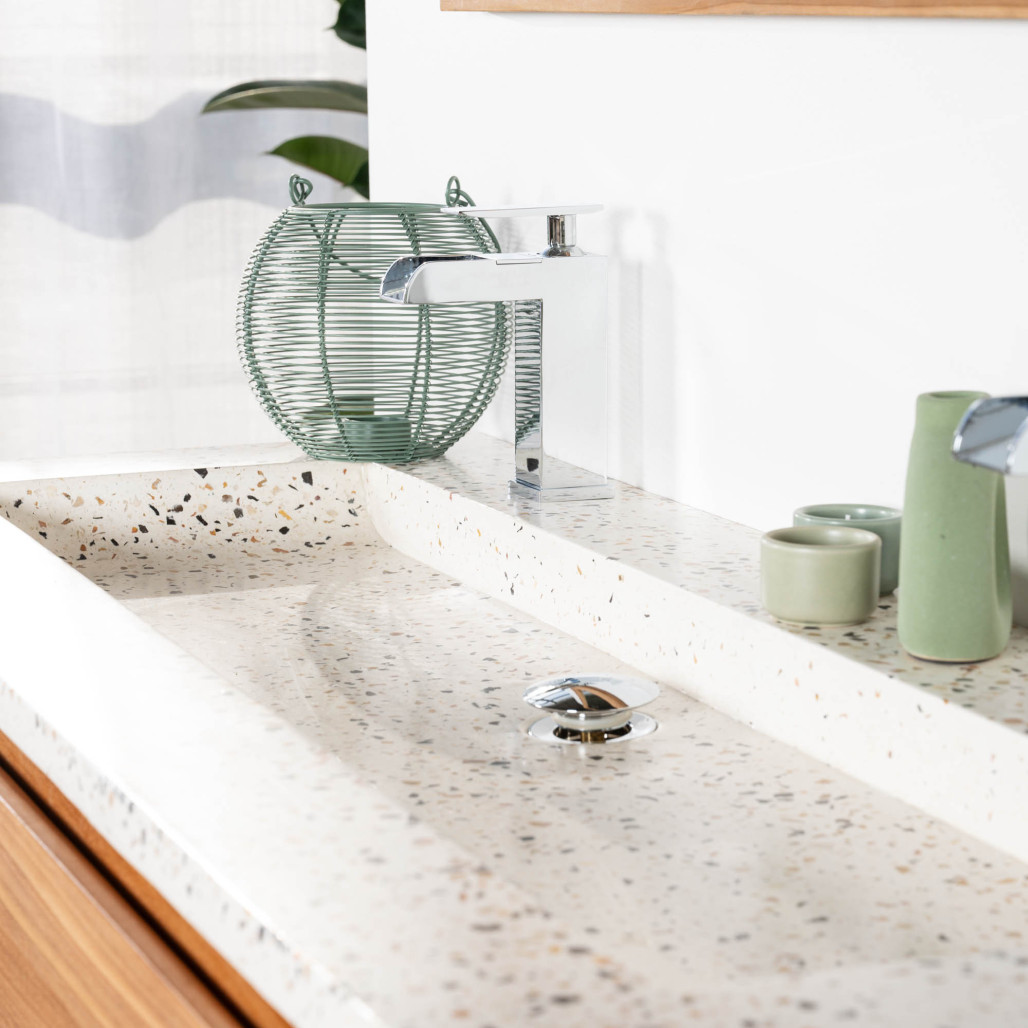 Meuble salle de bain en teck et Terrazzo crème Vila 120cm - Salle de bain - Wanda collection
