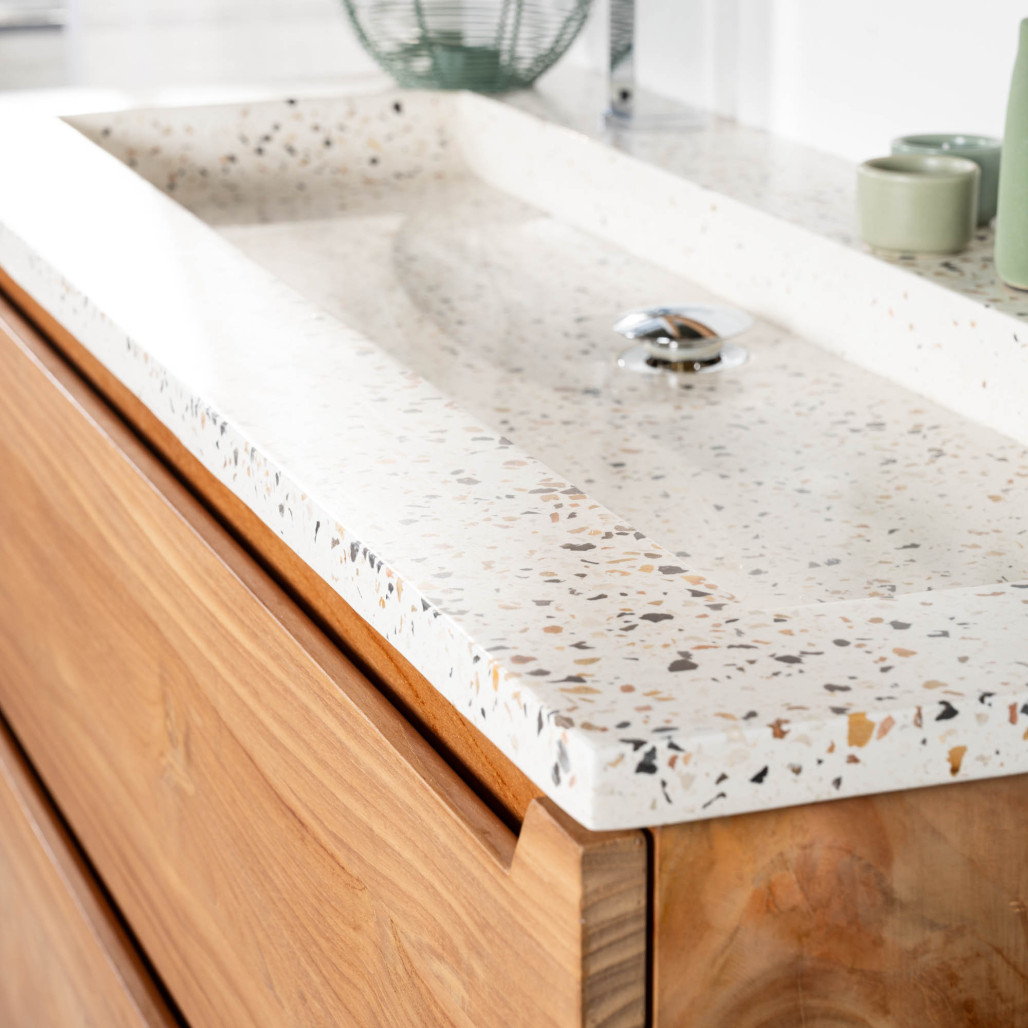 Meuble salle de bain en teck et Terrazzo crème Vila 120cm - Salle de bain - Wanda collection