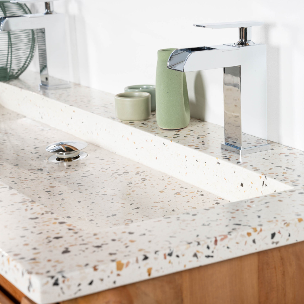Meuble salle de bain en teck et Terrazzo crème Vila 120cm - Salle de bain - Wanda collection