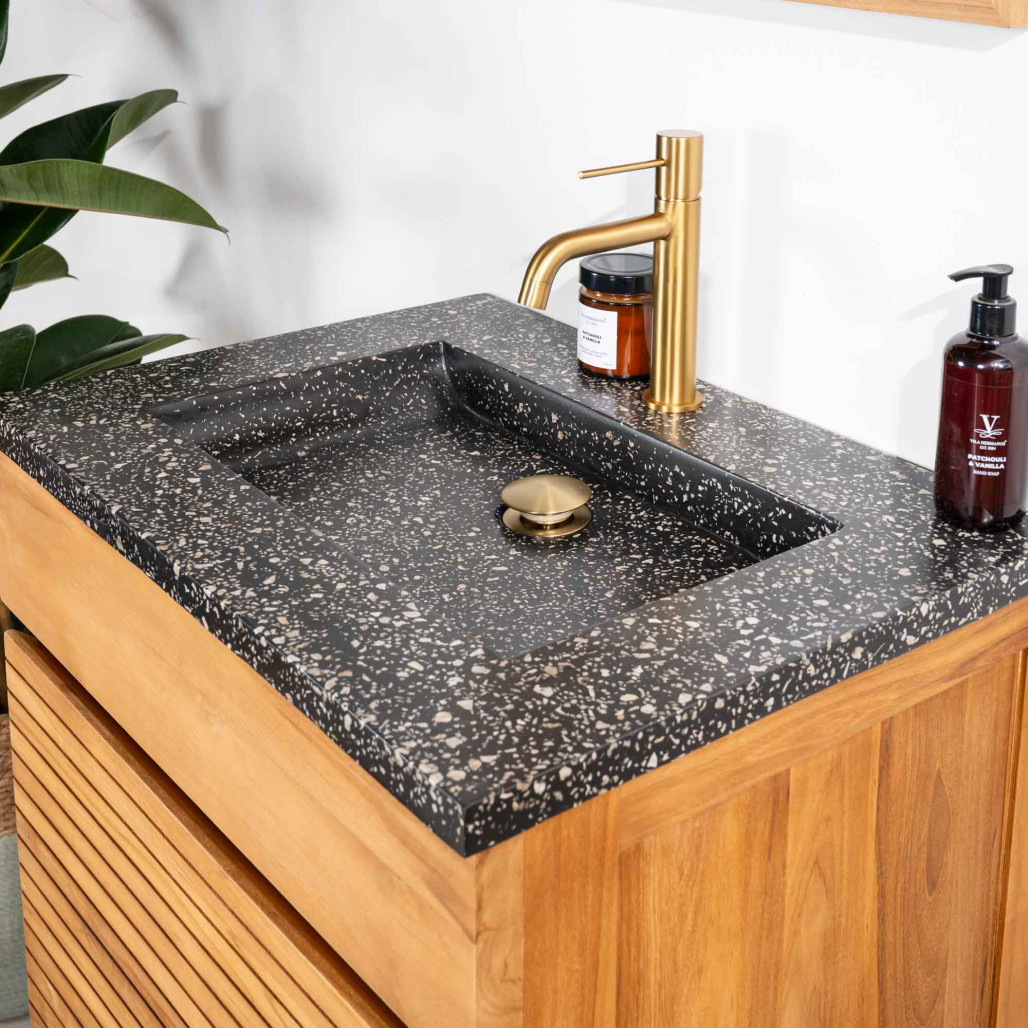 Meuble salle de bain en teck et terrazzo noir Aktual 60cm - Salle de bain - Wanda collection