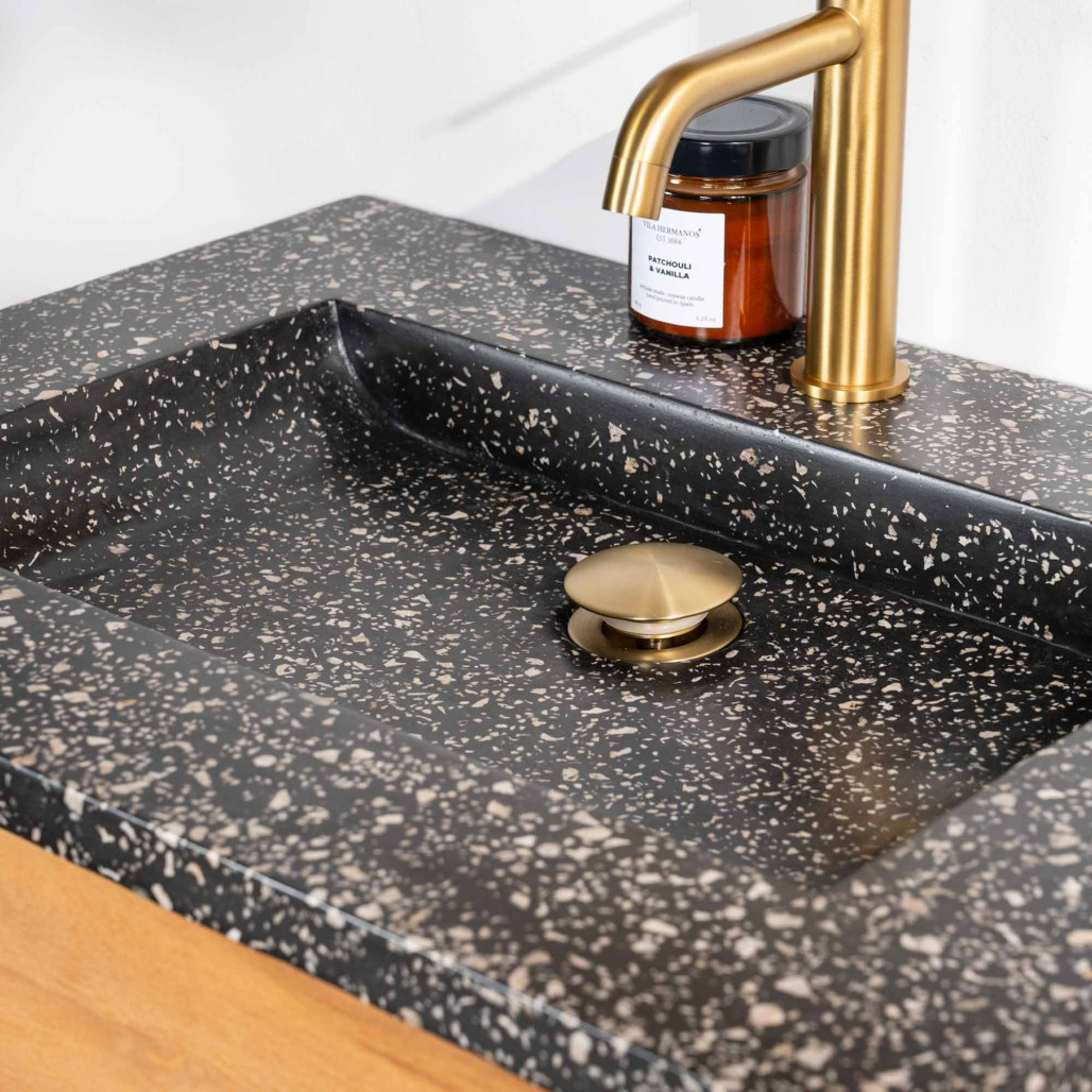 Meuble salle de bain en teck et terrazzo noir Aktual 60cm - Salle de bain - Wanda collection