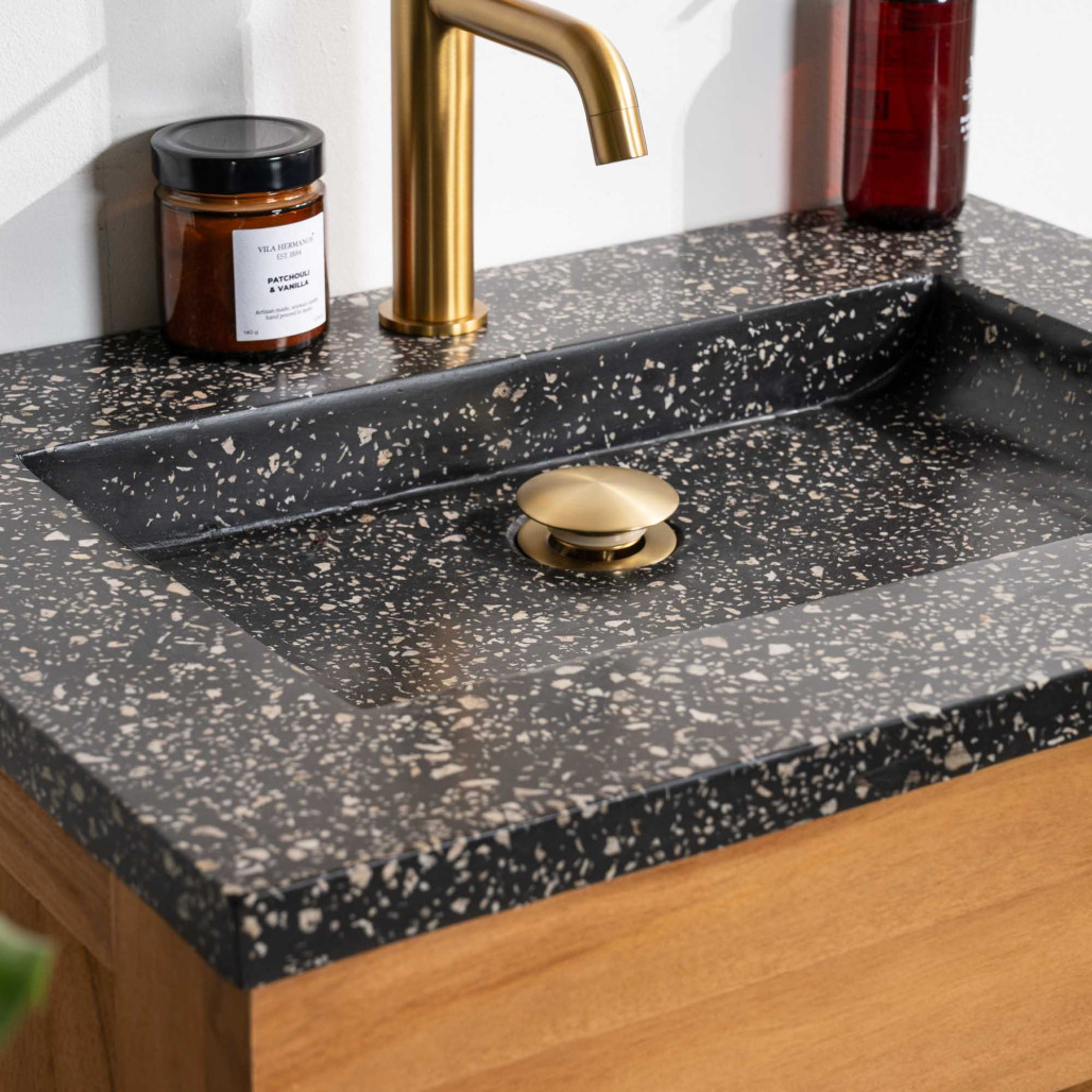 Meuble salle de bain en teck et terrazzo noir Aktual 60cm - Salle de bain - Wanda collection