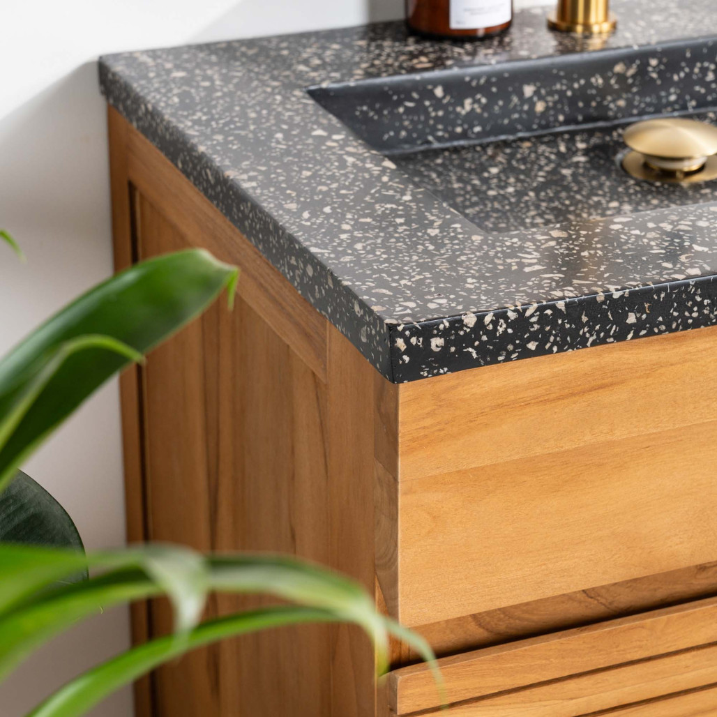 Meuble salle de bain en teck et terrazzo noir Aktual 60cm - Salle de bain - Wanda collection