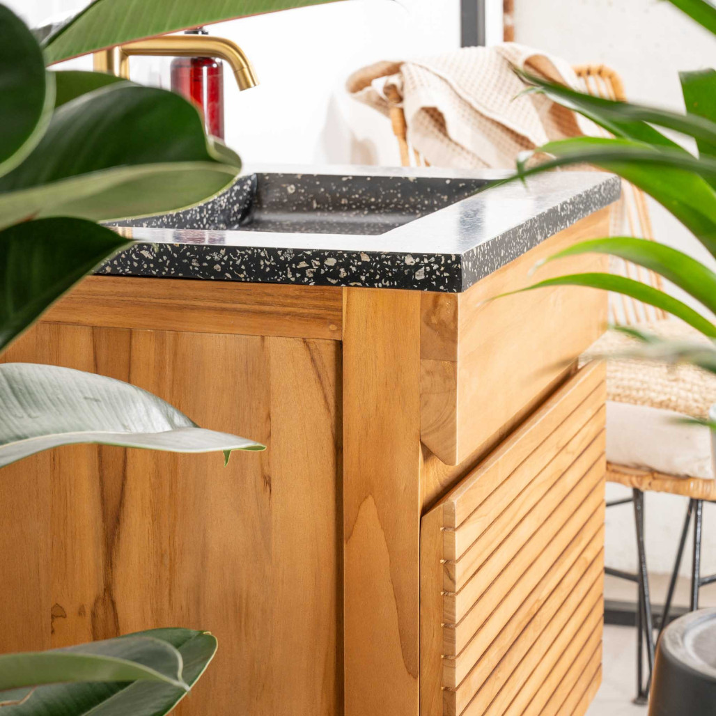 Meuble salle de bain en teck et terrazzo noir Aktual 60cm - Salle de bain - Wanda collection
