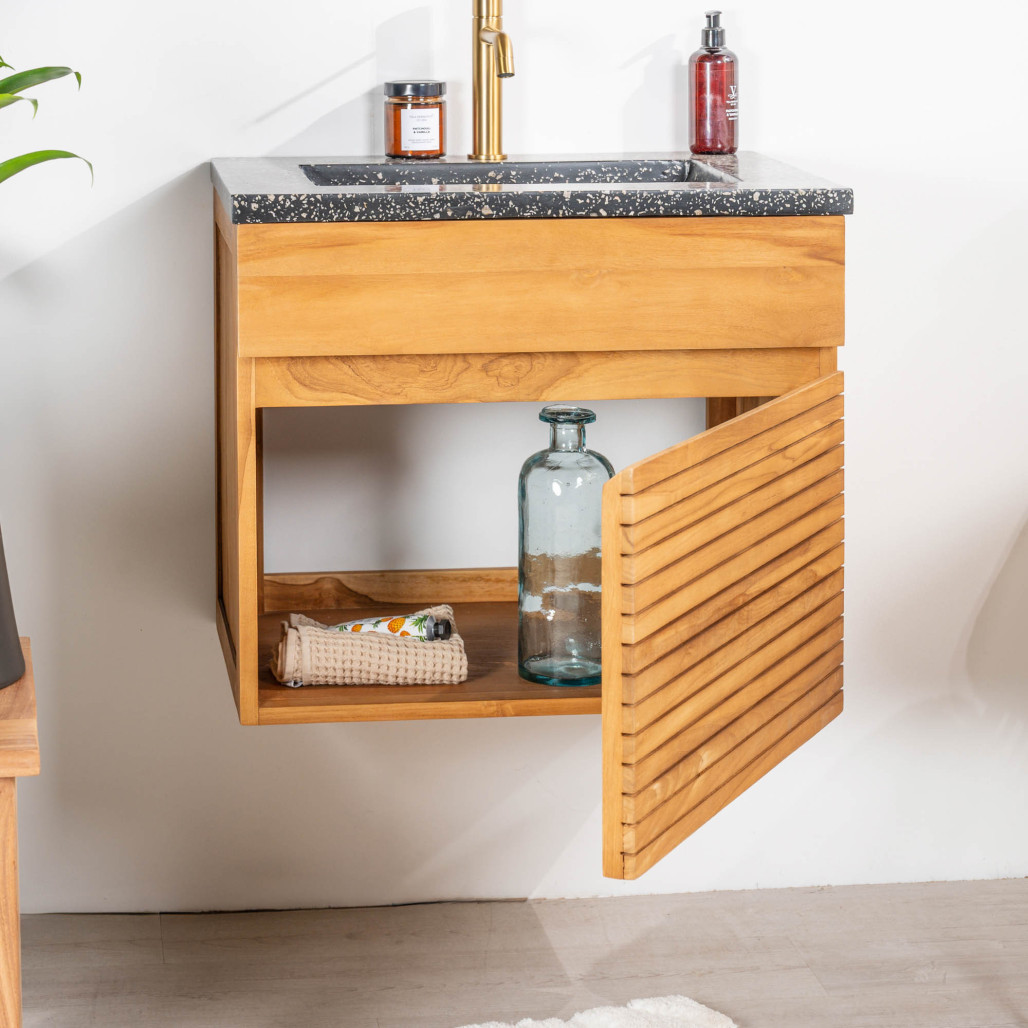 Meuble salle de bain en teck et terrazzo noir Aktual 60cm - Salle de bain - Wanda collection