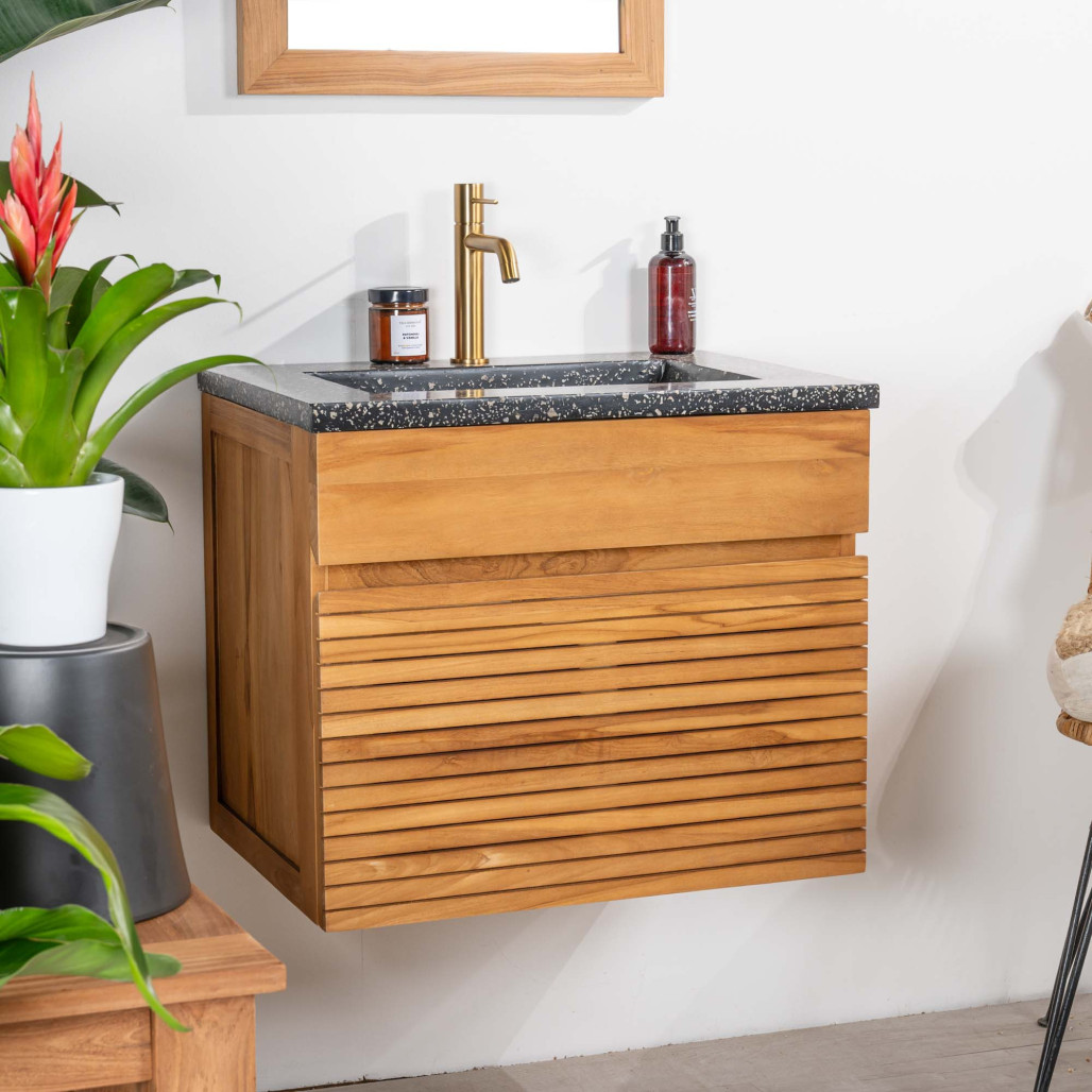 Meuble salle de bain en teck et terrazzo noir Aktual 60cm - Salle de bain - Wanda collection