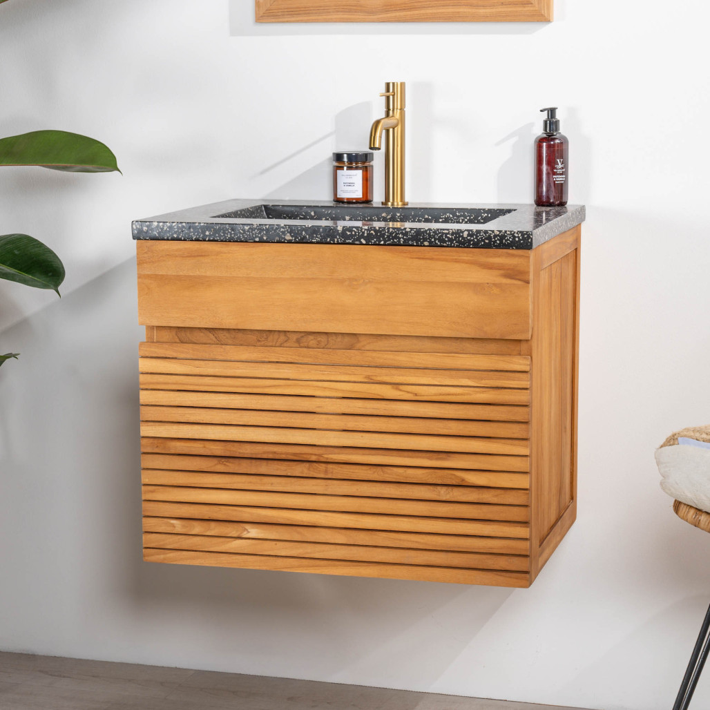 Meuble salle de bain en teck et terrazzo noir Aktual 60cm - Salle de bain - Wanda collection