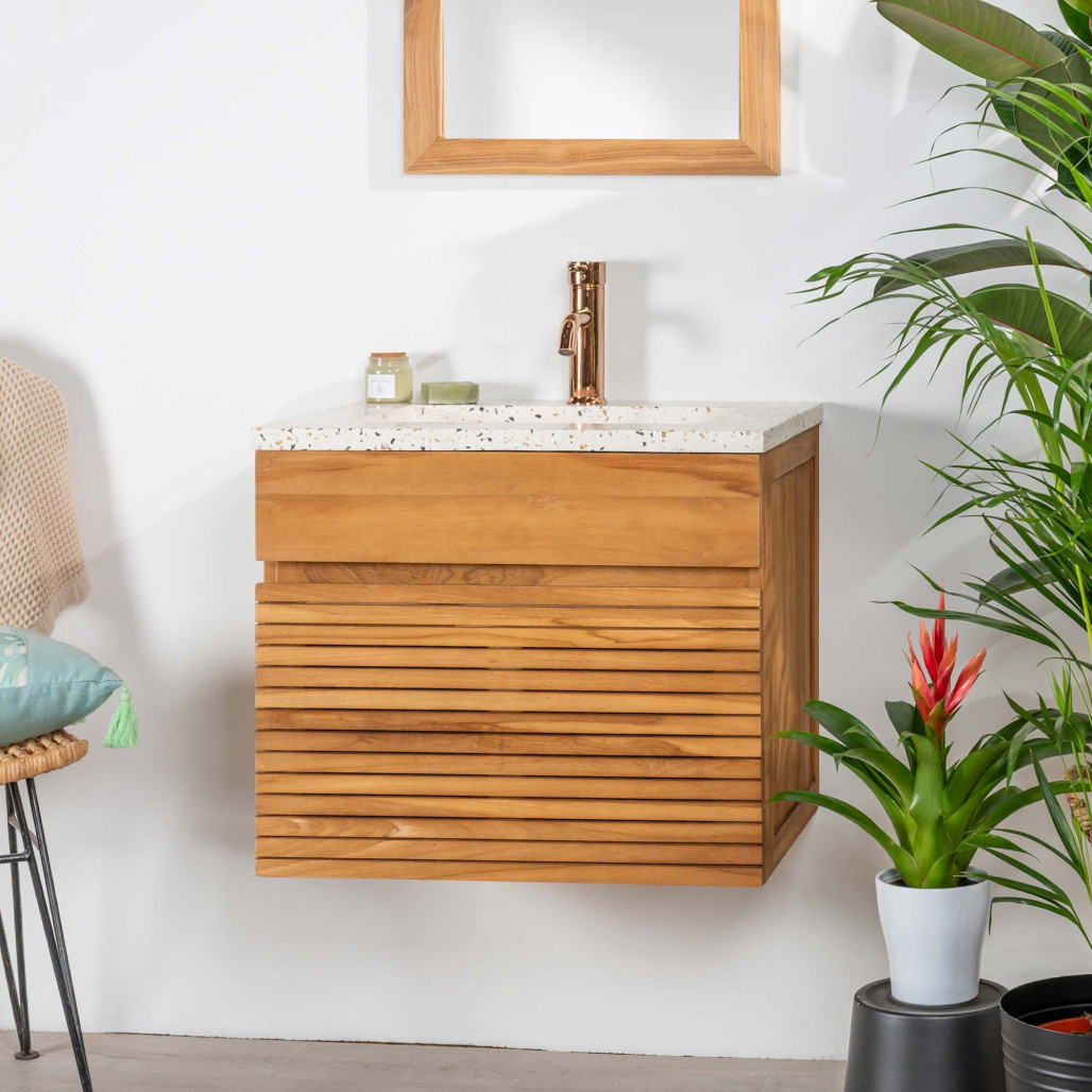 Meuble salle de bain en teck et terrazzo crème Aktual 60cm - Salle de bain - Wanda collection Meuble salle de bain en teck et terrazzo crème Aktual 60cm - Salle de bain - Wanda collection