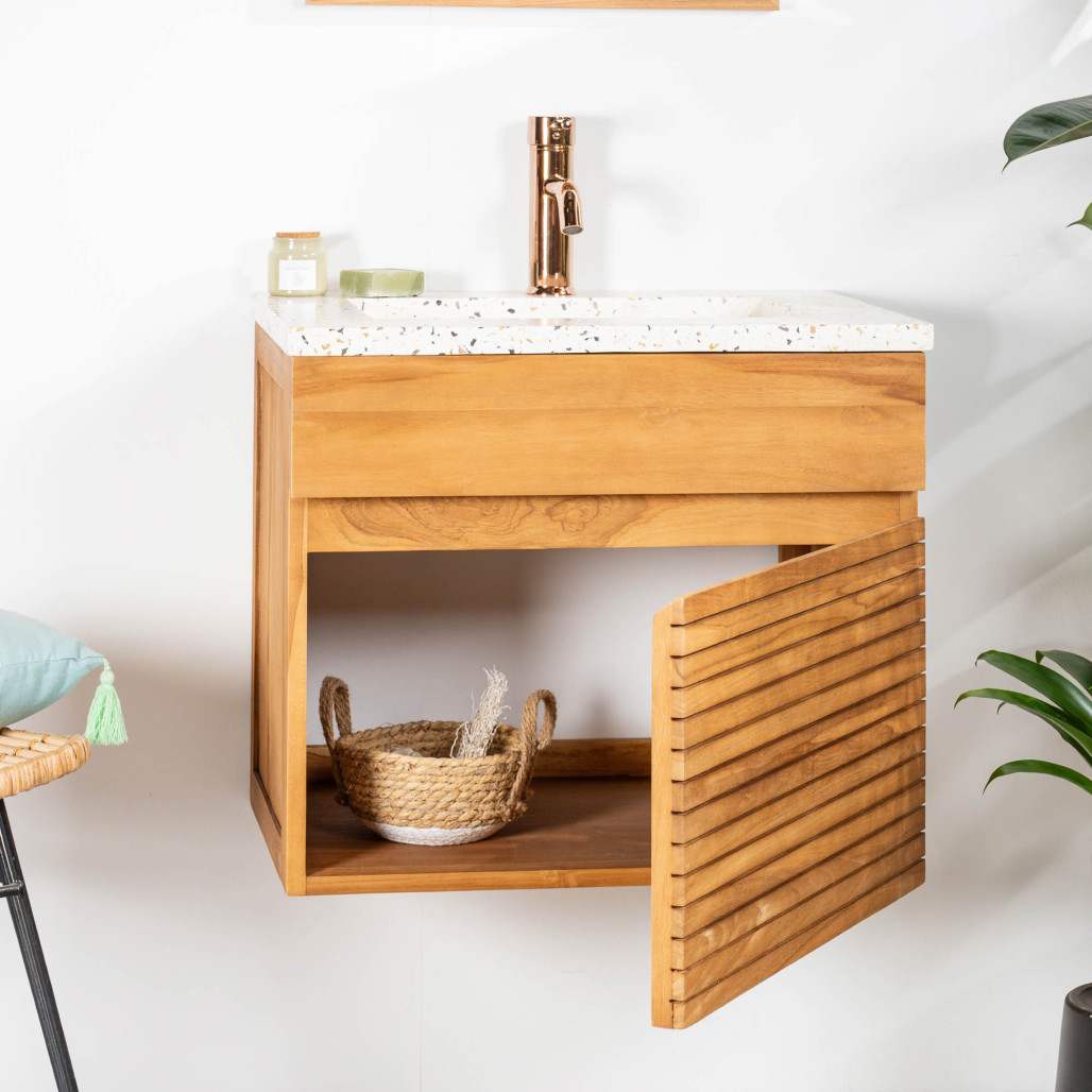 Meuble salle de bain en teck et terrazzo crème Aktual 60cm - Salle de bain - Wanda collection Meuble salle de bain en teck et terrazzo crème Aktual 60cm - Salle de bain - Wanda collection