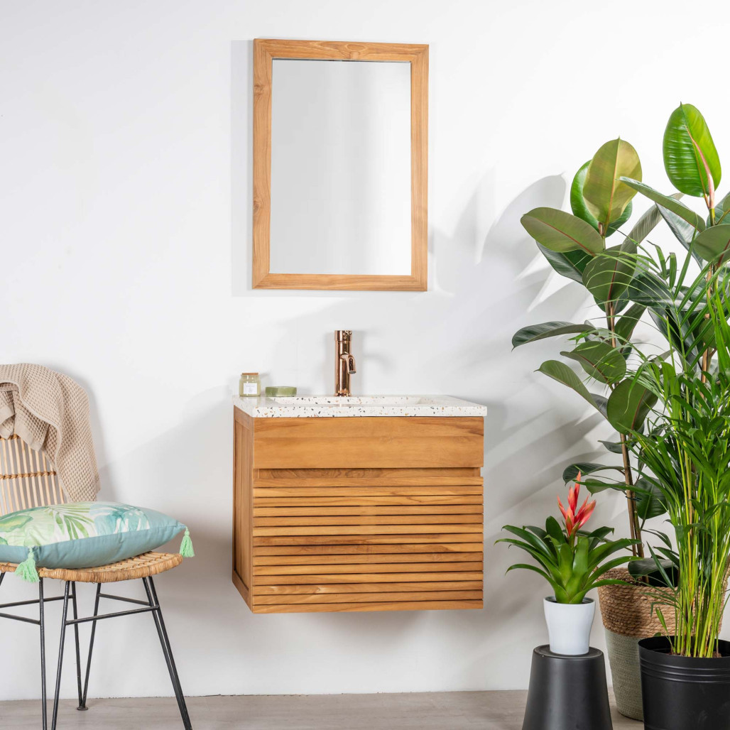 Meuble salle de bain en teck et terrazzo crème Aktual 60cm Meuble salle de bain en teck et terrazzo crème Aktual 60cm