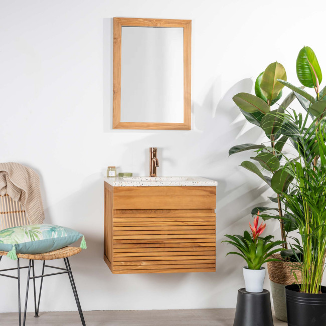 Meuble salle de bain en teck et terrazzo crème Aktual 60cm