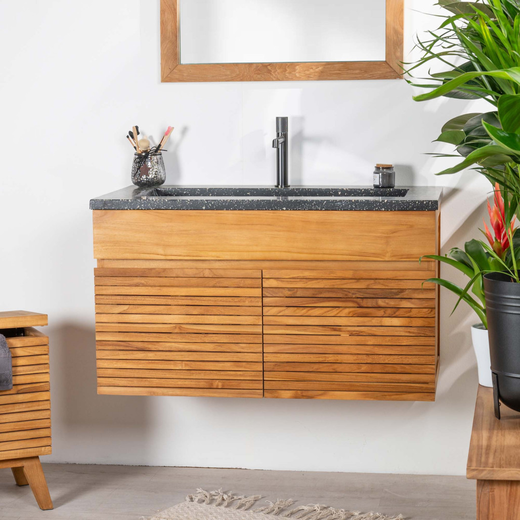 Meuble salle de bain en teck et terrazzo noir Aktual 90cm - Salle de bain - Wanda collection Meuble salle de bain en teck et terrazzo noir Aktual 90cm - Salle de bain - Wanda collection