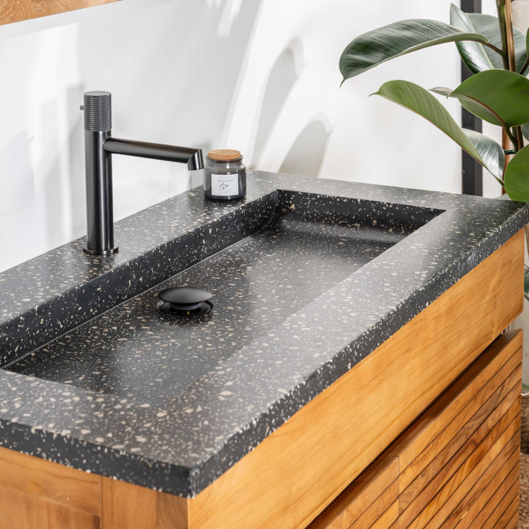 Meuble salle de bain en teck et terrazzo noir Aktual 90cm - Salle de bain - Wanda collection Meuble salle de bain en teck et terrazzo noir Aktual 90cm - Salle de bain - Wanda collection
