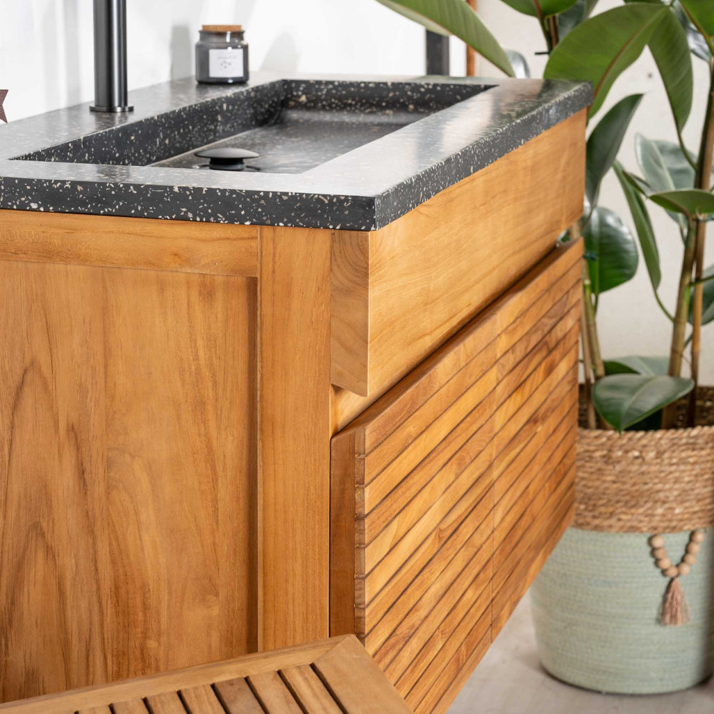 Meuble salle de bain en teck et terrazzo noir Aktual 90cm - Salle de bain - Wanda collection Meuble salle de bain en teck et terrazzo noir Aktual 90cm - Salle de bain - Wanda collection