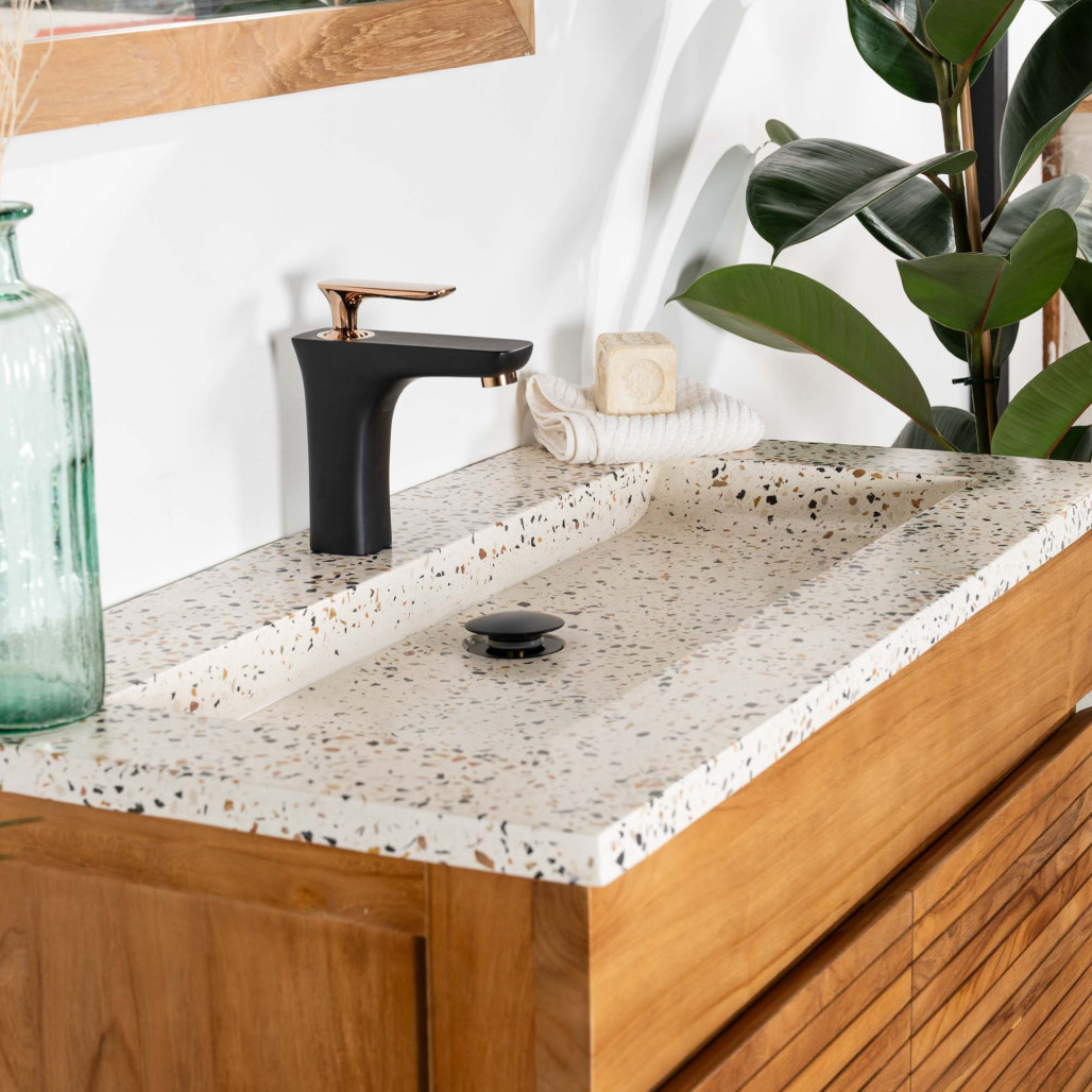 Meuble salle de bain en teck et terrazzo crème Aktual 90cm - Salle de bain - Wanda collection Meuble salle de bain en teck et terrazzo crème Aktual 90cm - Salle de bain - Wanda collection