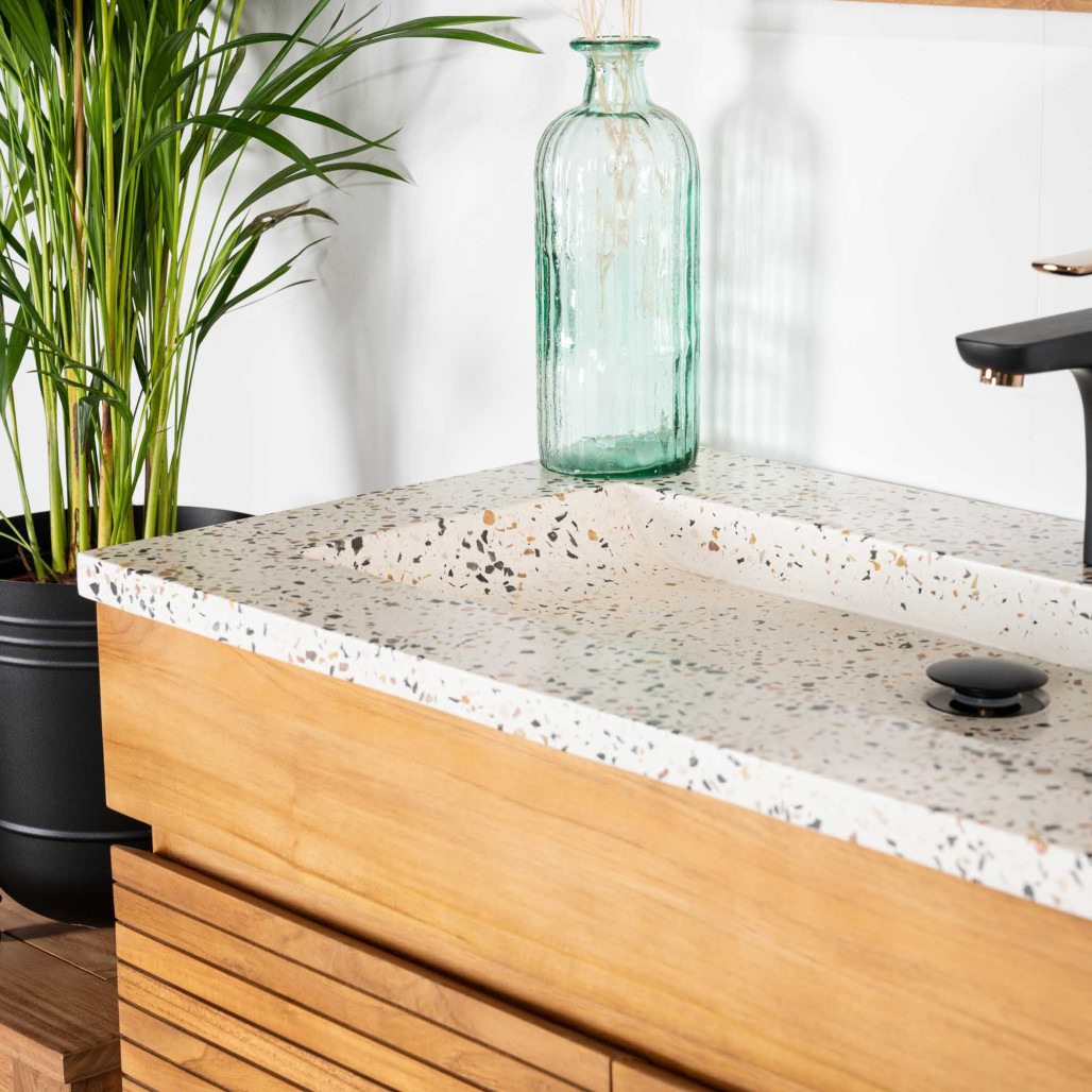 Meuble salle de bain en teck et terrazzo crème Aktual 90cm - Salle de bain - Wanda collection Meuble salle de bain en teck et terrazzo crème Aktual 90cm - Salle de bain - Wanda collection