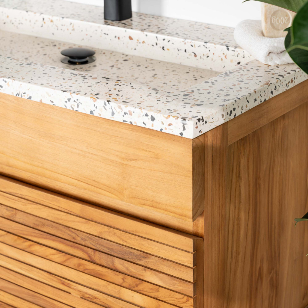 Meuble salle de bain en teck et terrazzo crème Aktual 90cm - Salle de bain - Wanda collection Meuble salle de bain en teck et terrazzo crème Aktual 90cm - Salle de bain - Wanda collection