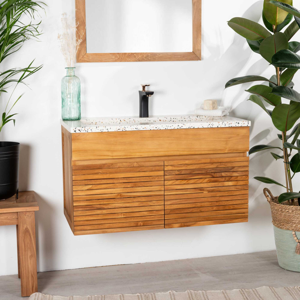 Meuble salle de bain en teck et terrazzo crème Aktual 90cm - Salle de bain - Wanda collection Meuble salle de bain en teck et terrazzo crème Aktual 90cm - Salle de bain - Wanda collection