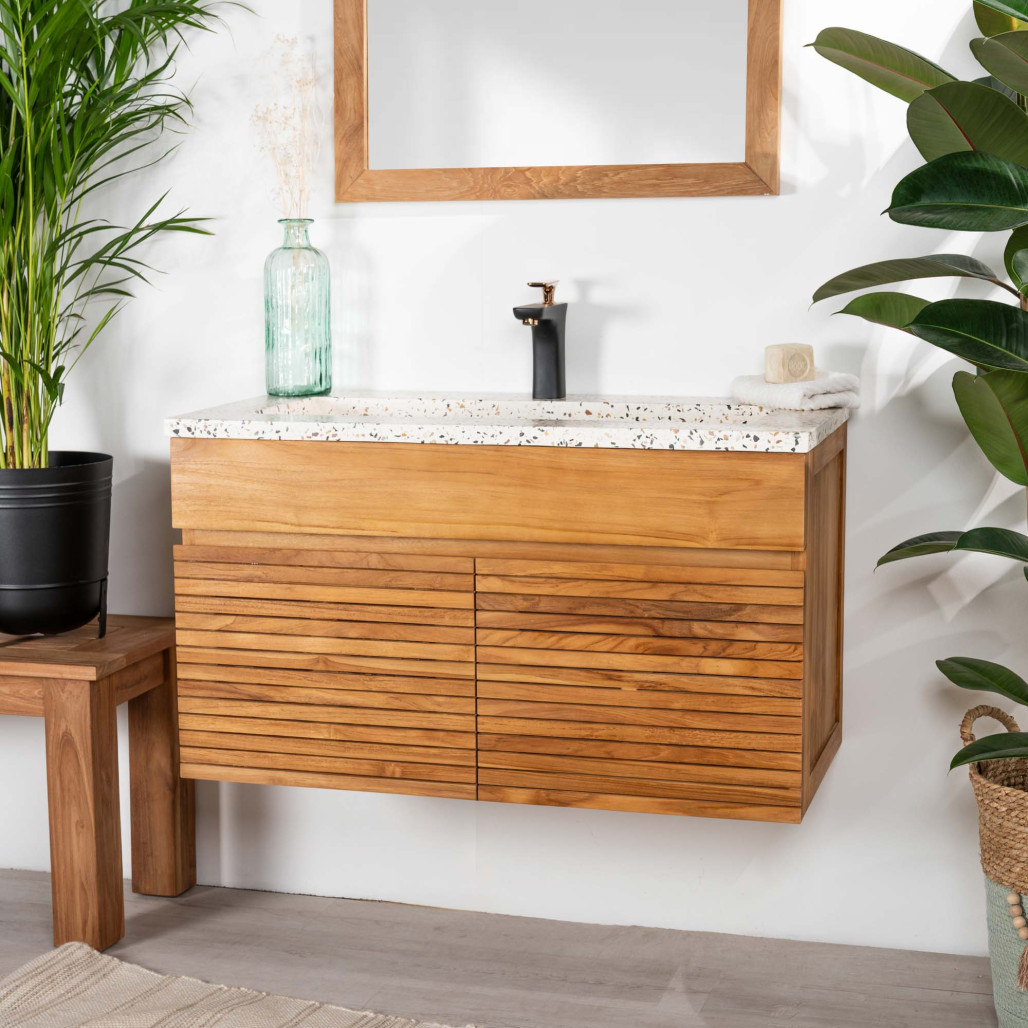 Meuble salle de bain en teck et terrazzo crème Aktual 90cm - Salle de bain - Wanda collection Meuble salle de bain en teck et terrazzo crème Aktual 90cm - Salle de bain - Wanda collection