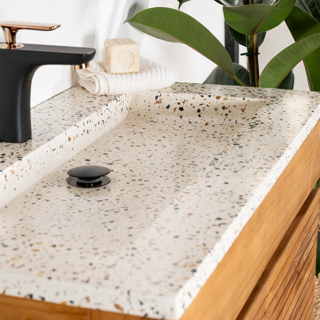Meuble salle de bain en teck et terrazzo crème Aktual 90cm - Salle de bain - Wanda collection Meuble salle de bain en teck et terrazzo crème Aktual 90cm - Salle de bain - Wanda collection