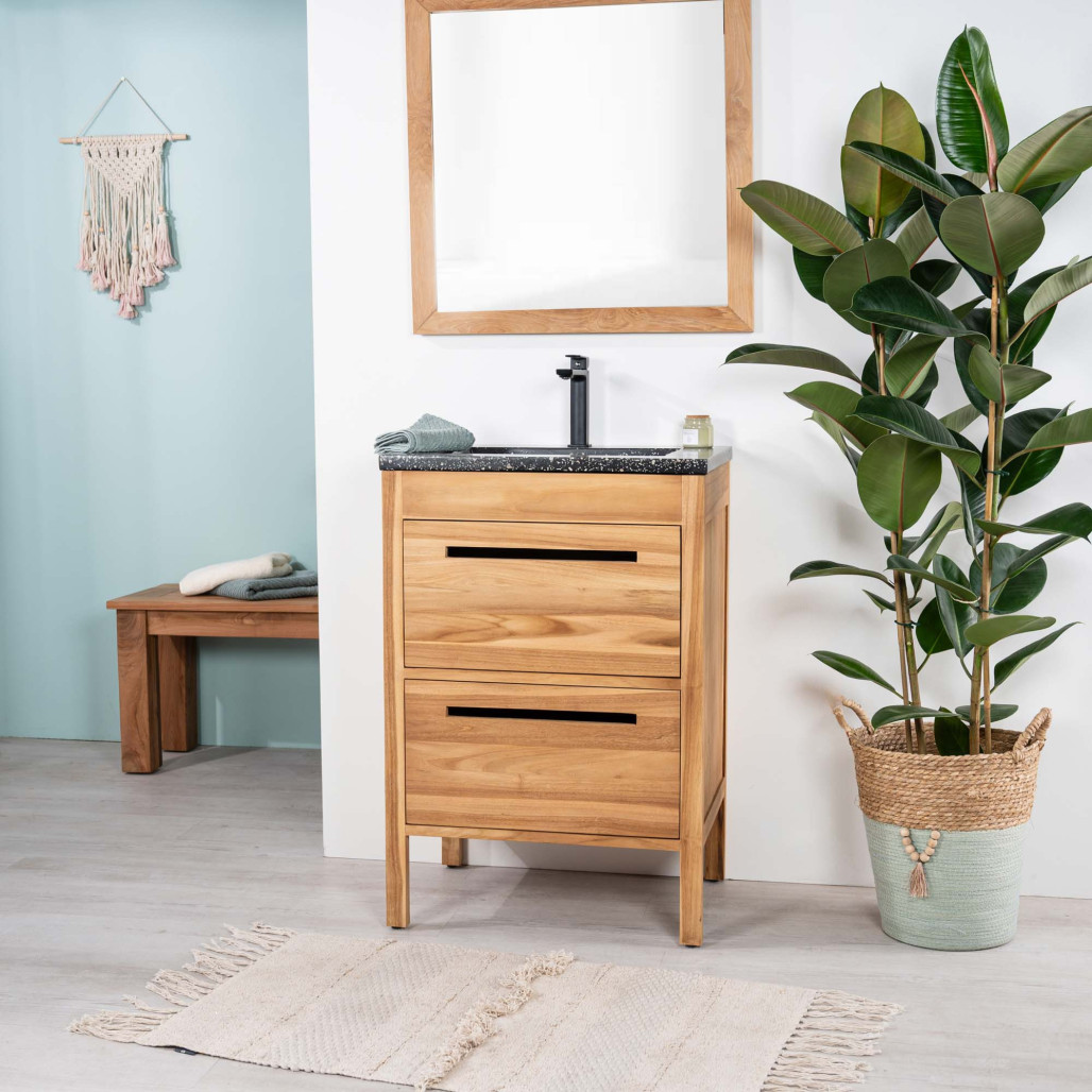 Meuble salle de bain en teck et terrazzo noir Sira 60cm
