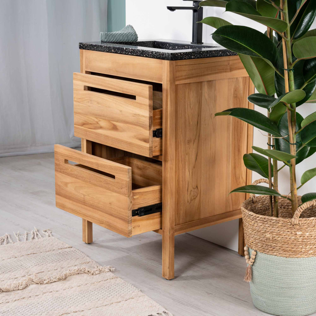 Meuble salle de bain en teck et terrazzo noir Sira 60cm - Salle de bain - Wanda collection