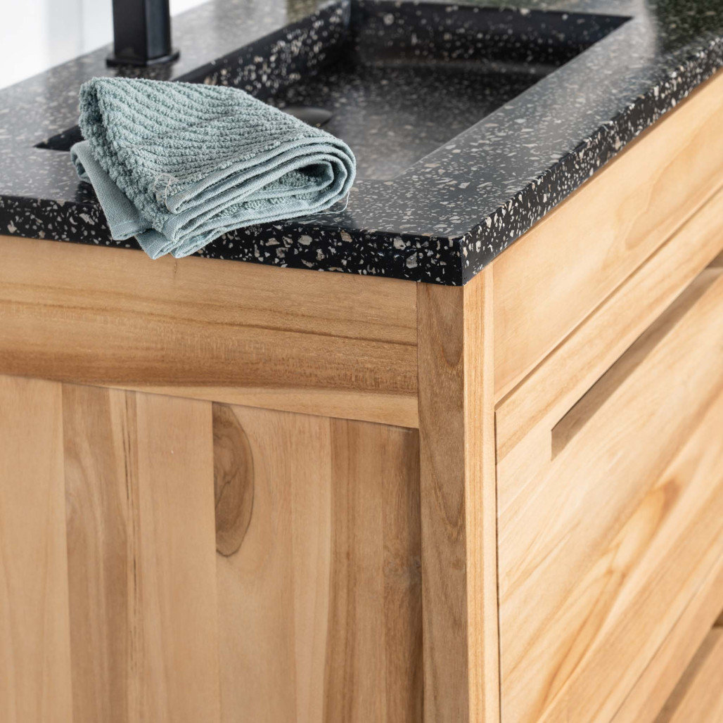 Meuble salle de bain en teck et terrazzo noir Sira 60cm - Salle de bain - Wanda collection