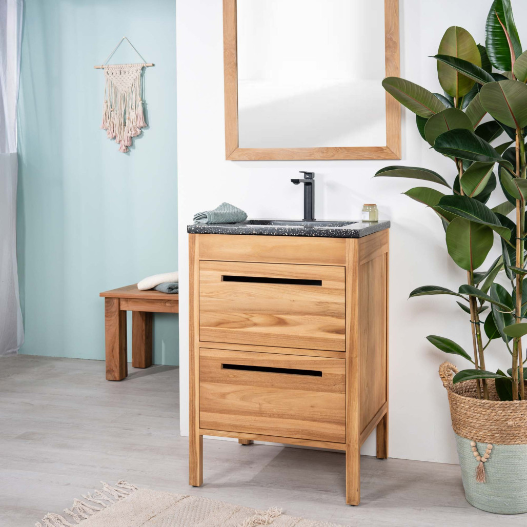 Meuble salle de bain en teck et terrazzo noir Sira 60cm - Salle de bain - Wanda collection