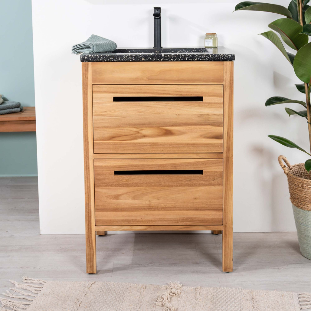 Meuble salle de bain en teck et terrazzo noir Sira 60cm - Salle de bain - Wanda collection