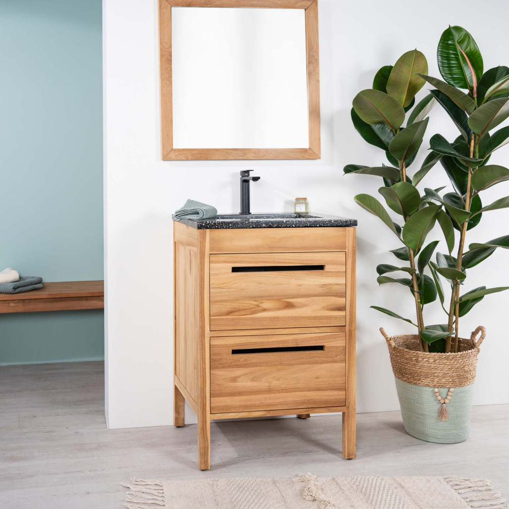 Meuble salle de bain en teck et terrazzo noir Sira 60cm - Salle de bain - Wanda collection