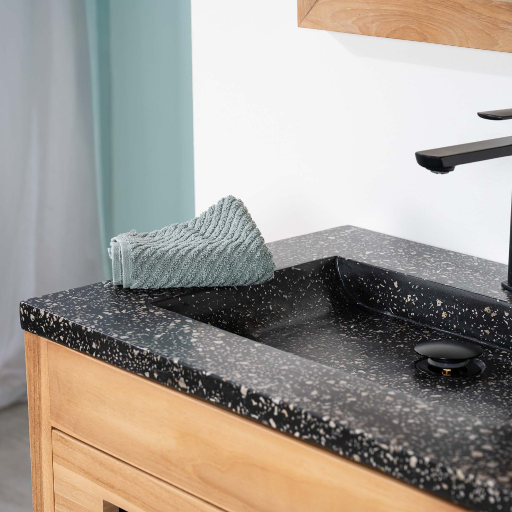 Meuble salle de bain en teck et terrazzo noir Sira 60cm - Salle de bain - Wanda collection