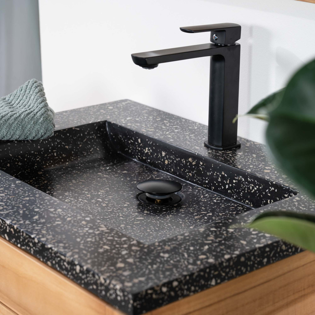 Meuble salle de bain en teck et terrazzo noir Sira 60cm - Salle de bain - Wanda collection