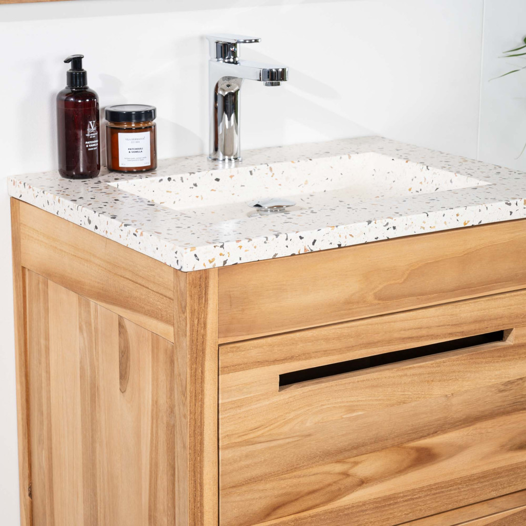 Meuble salle de bain en teck et terrazzo crème Sira 60cm - Salle de bain - Wanda collection Meuble salle de bain en teck et terrazzo crème Sira 60cm - Salle de bain - Wanda collection