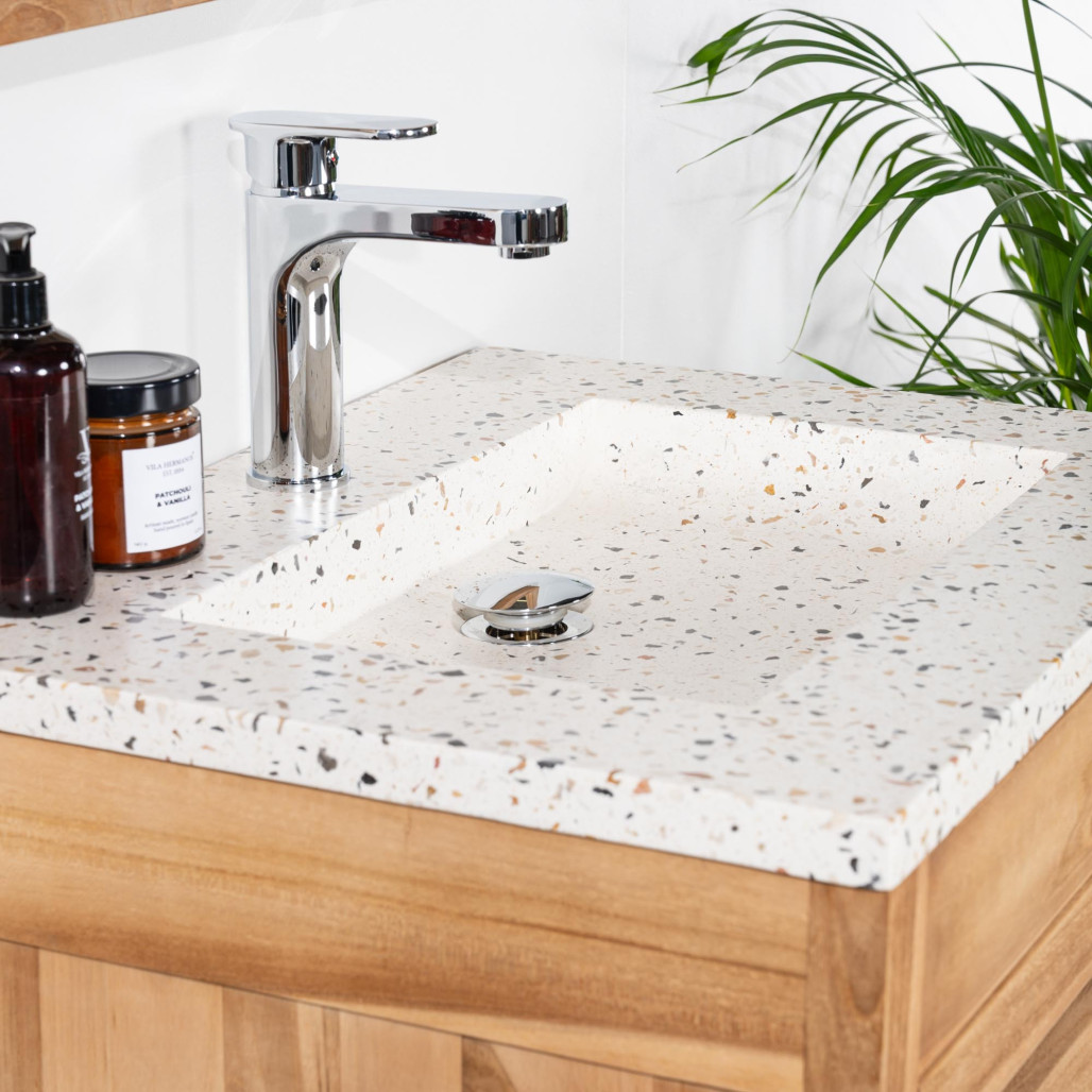 Meuble salle de bain en teck et terrazzo crème Sira 60cm - Salle de bain - Wanda collection Meuble salle de bain en teck et terrazzo crème Sira 60cm - Salle de bain - Wanda collection