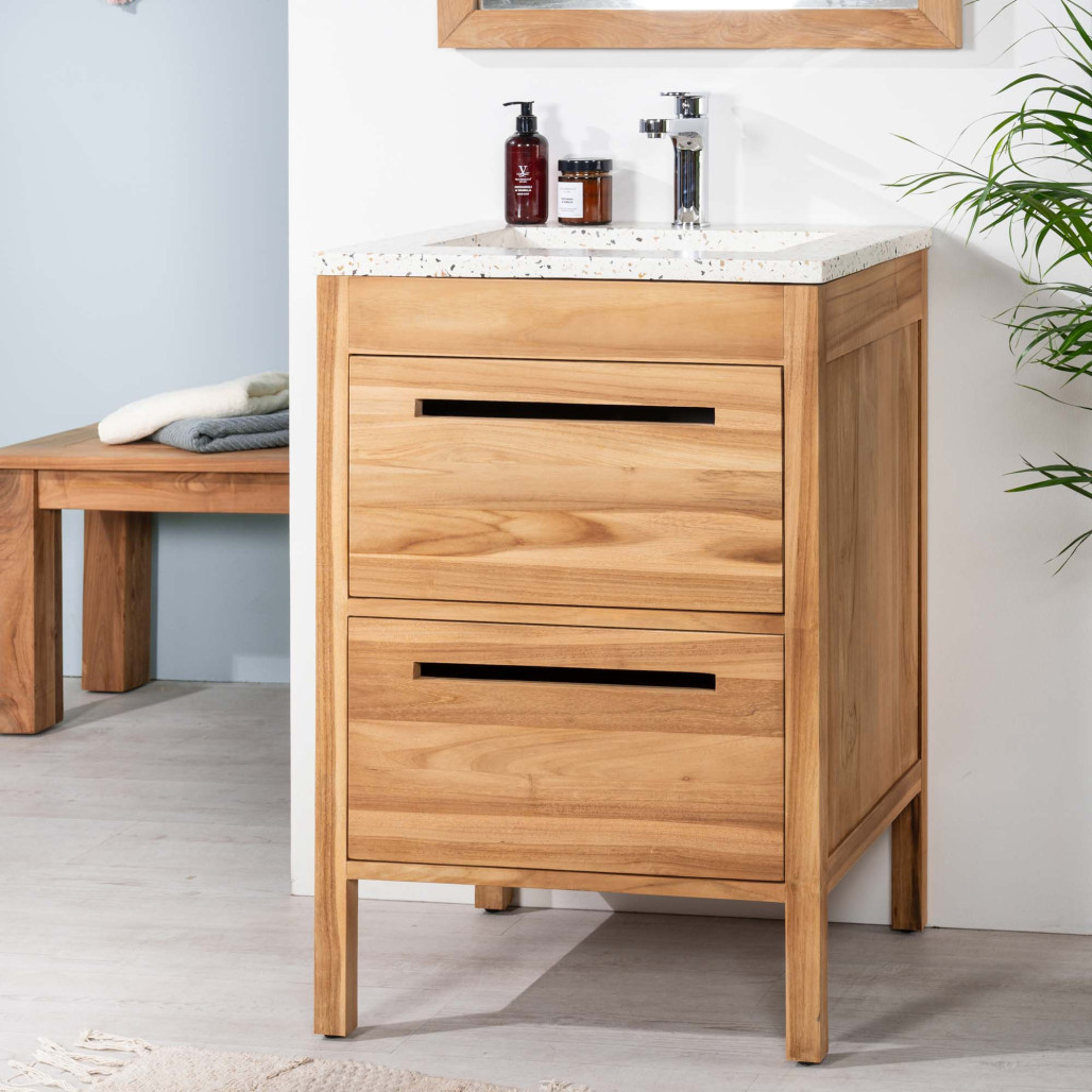 Meuble salle de bain en teck et terrazzo crème Sira 60cm - Salle de bain - Wanda collection Meuble salle de bain en teck et terrazzo crème Sira 60cm - Salle de bain - Wanda collection