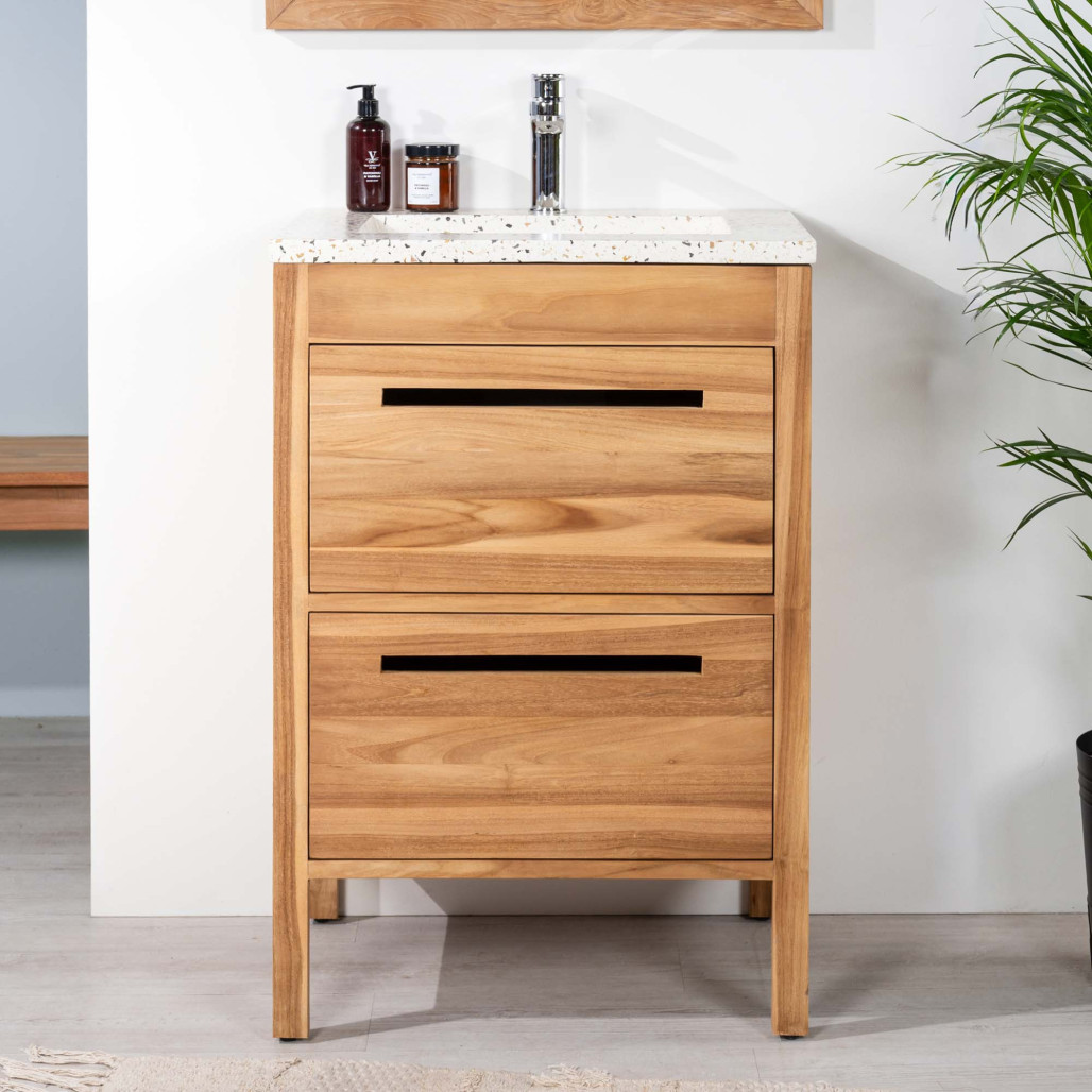 Meuble salle de bain en teck et terrazzo crème Sira 60cm - Salle de bain - Wanda collection Meuble salle de bain en teck et terrazzo crème Sira 60cm - Salle de bain - Wanda collection