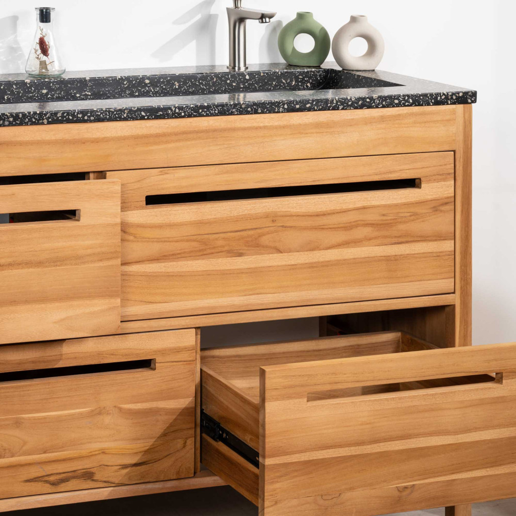 Meuble salle de bain en teck et terrazzo noir Sira 120cm - Wanda collection