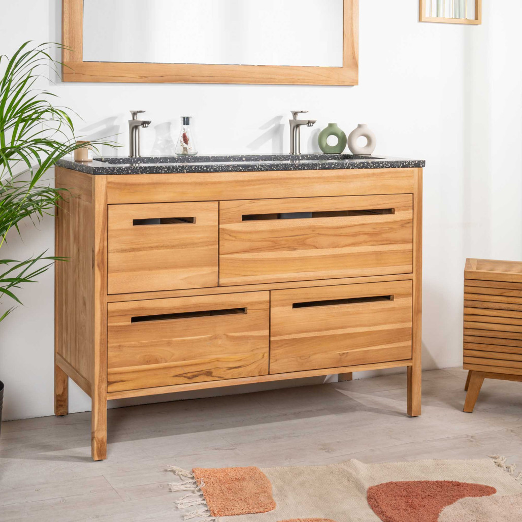 Meuble salle de bain en teck et terrazzo noir Sira 120cm - Wanda collection