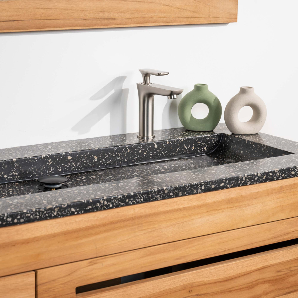 Meuble salle de bain en teck et terrazzo noir Sira 120cm - Wanda collection