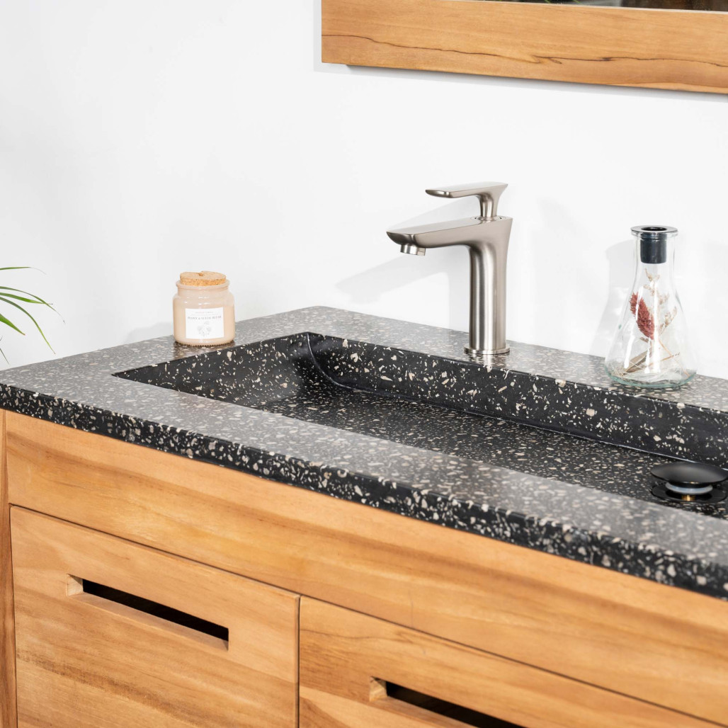 Meuble salle de bain en teck et terrazzo noir Sira 120cm - Wanda collection