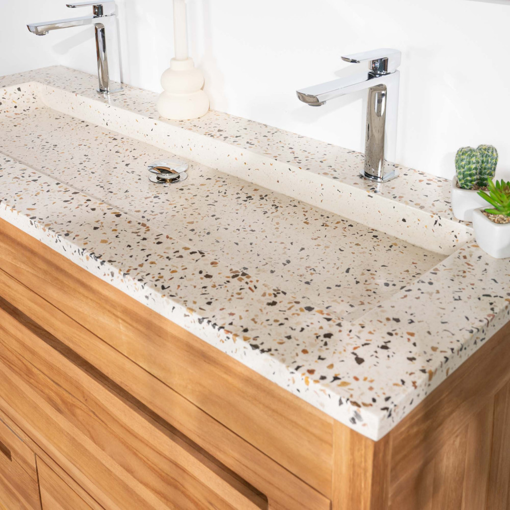 Meuble salle de bain en teck et terrazzo crème Sira 120cm - Wanda collection