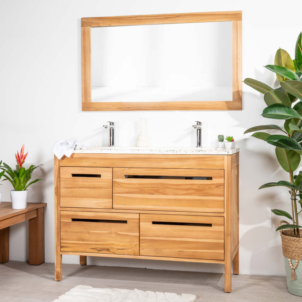 Meuble salle de bain en teck et terrazzo crème Sira 120cm