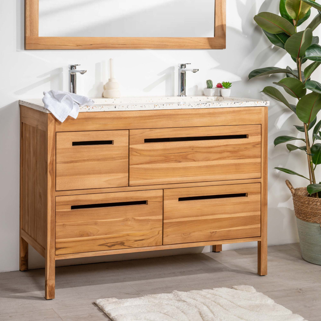Meuble salle de bain en teck et terrazzo crème Sira 120cm - Wanda collection