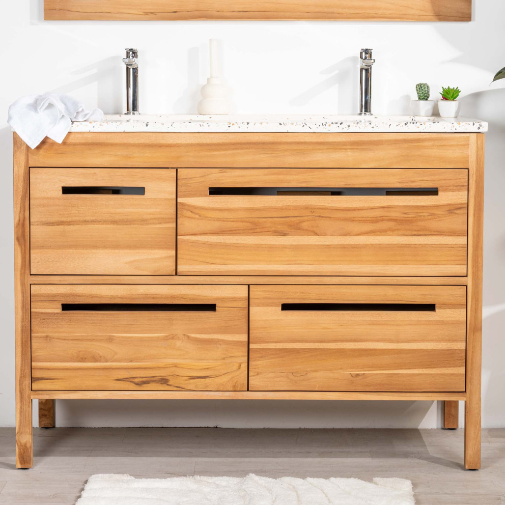 Meuble salle de bain en teck et terrazzo crème Sira 120cm - Wanda collection